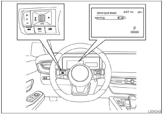 Nissan Kicks Blind Spot Warning settings menu on 7 inch display