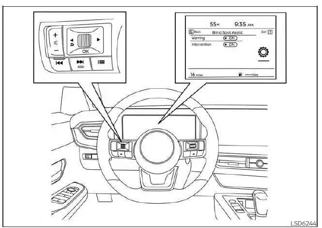 Nissan Kicks Blind Spot Warning settings screen for 12.3 inch display