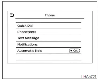 Nissan Kicks phone and text message settings screen