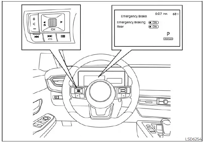 Nissan Kicks AEB with Pedestrian Detection settings menu on 7 inch display