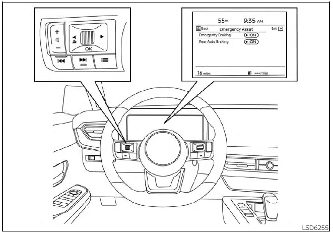 Nissan Kicks AEB with Pedestrian Detection settings menu on 12.3 inch display
