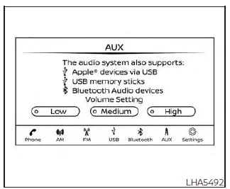 Nissan Kicks AUX audio source screen