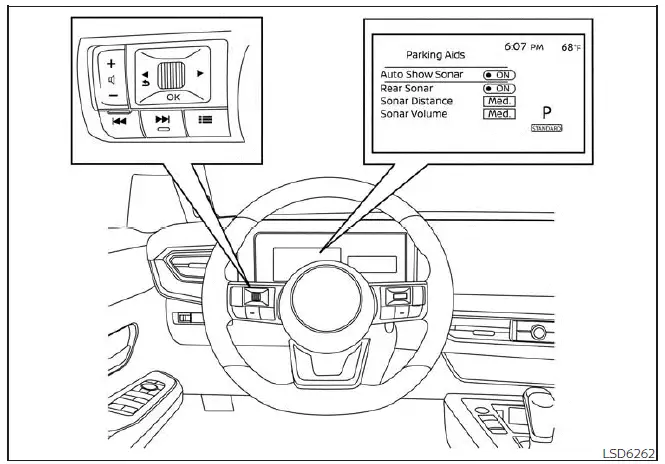 Nissan Kicks front and rear sonar settings menu on 7 inch display