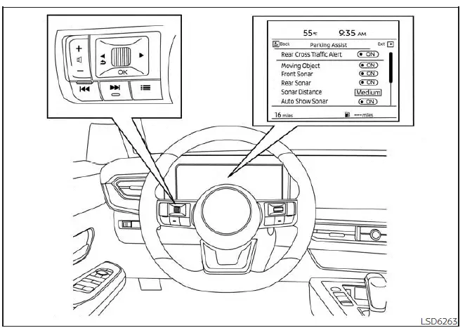 Nissan Kicks front and rear sonar settings menu on 12.3 inch display