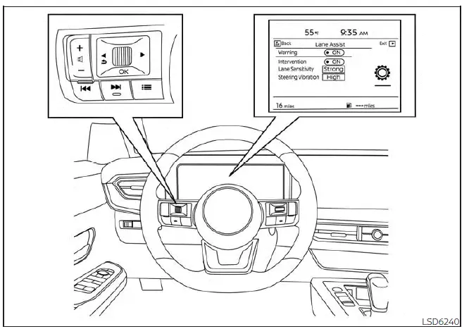 Nissan Kicks settings menu for enabling or disabling Intelligent Lane Intervention