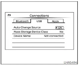 Nissan Kicks USB connections settings screen