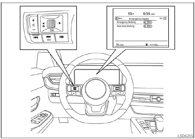 Nissan Kicks Rear Automatic Braking settings menu on 12.3 inch display