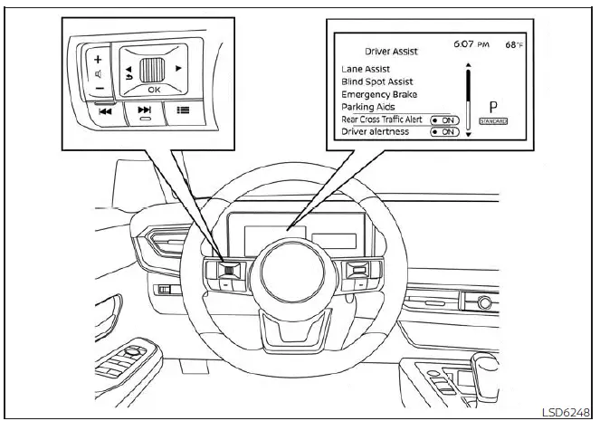 Nissan Kicks RCTA settings menu on 7 inch display
